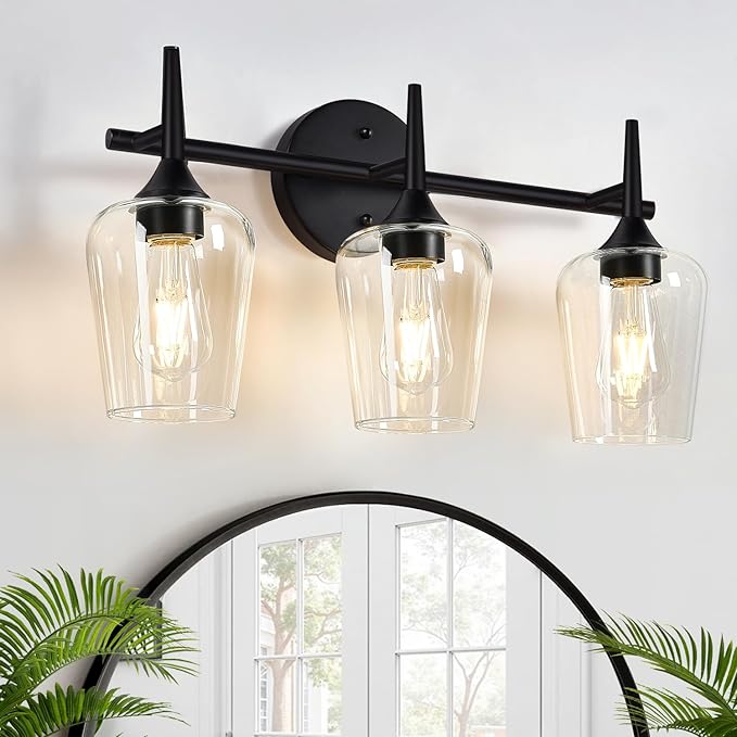 2025 Upgrade 3-Light Bathroom Light Fixtures, Black Vanity Lights for Bathroom with Clear Glass, 19.5 Inch Bathroom Lighting Fixtures Over Mirror, Modern Wall lamp for Cabinet Hallway