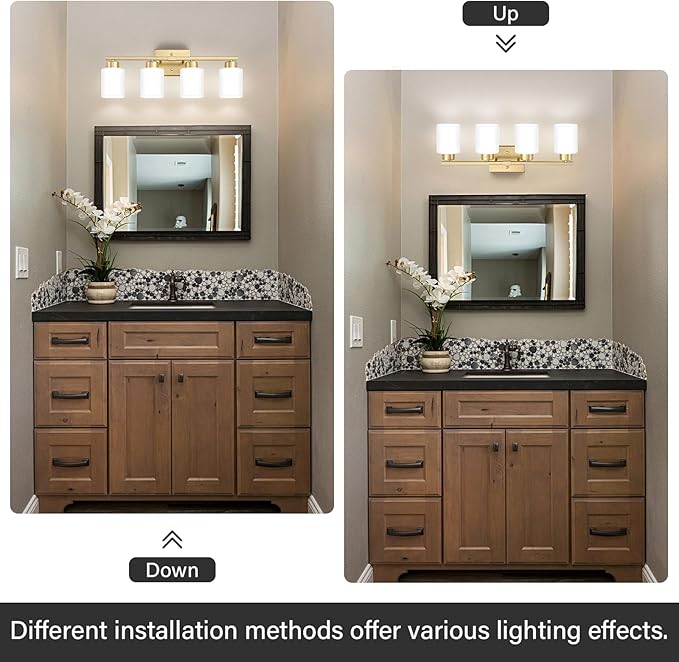 Gold Bathroom Light Fixtures, 4-Light Modern Vanity Light Over Mirror, Wall Sconces with Milky White Frosted Glass Shades, E26 Socket (Bulbs Not Included)