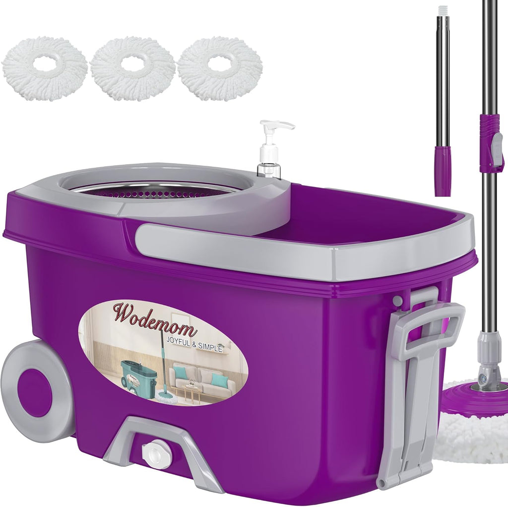 Dual Compartment Spin Mop and Bucket, Mop and Bucket with Wringer Set,360°Rotating Spinning Mopping for Floor Cleaning with 3 Microfiber Replacement Heads, 61" Extended Handle, 2X Wheel