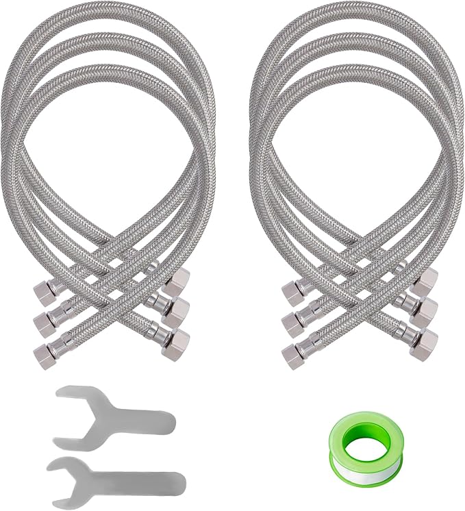 (6 Pack) SUNGATOR 16 Inch Faucet Supply Lines, 3/8" Female Comp Thread x 1/2" FIP Thread Sink Hose, 16" Stainless Steel Braided Faucet Supply Line for Bathroom, with 2 Wrenches and 1 Sealing Tape