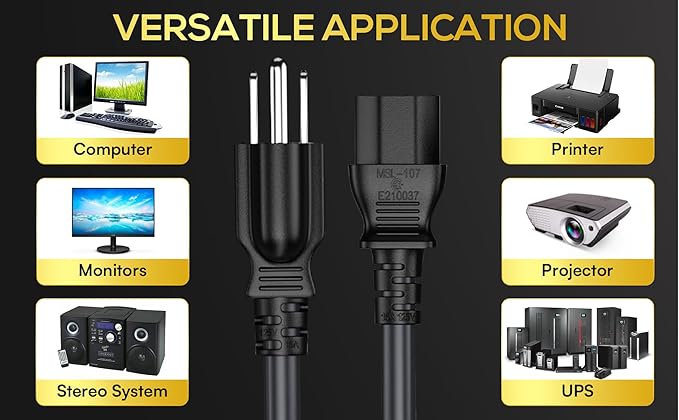 CableLeader 8ft 18 AWG Universal Power Cord IEC320 C13 to NEMA 5-15P, Extension Power Cord, Compatible with Computers, Monitors, Printers & TVs, Black