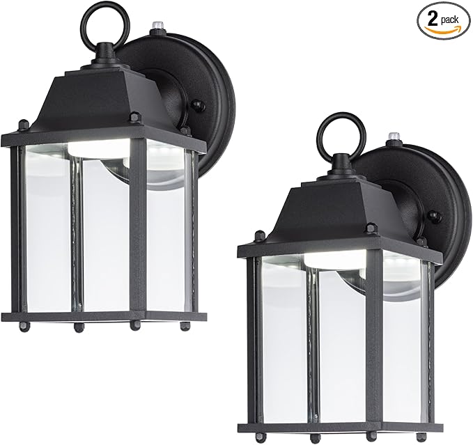 LIT-PaTH Dusk to Dawn Outdoor Wall Lantern, LED Wall Sconce, 5000K Daylight White, 9.5W, 800 Lumen, Aluminum Housing Plus Glass, Outdoor Rated, 2-Pack, Black