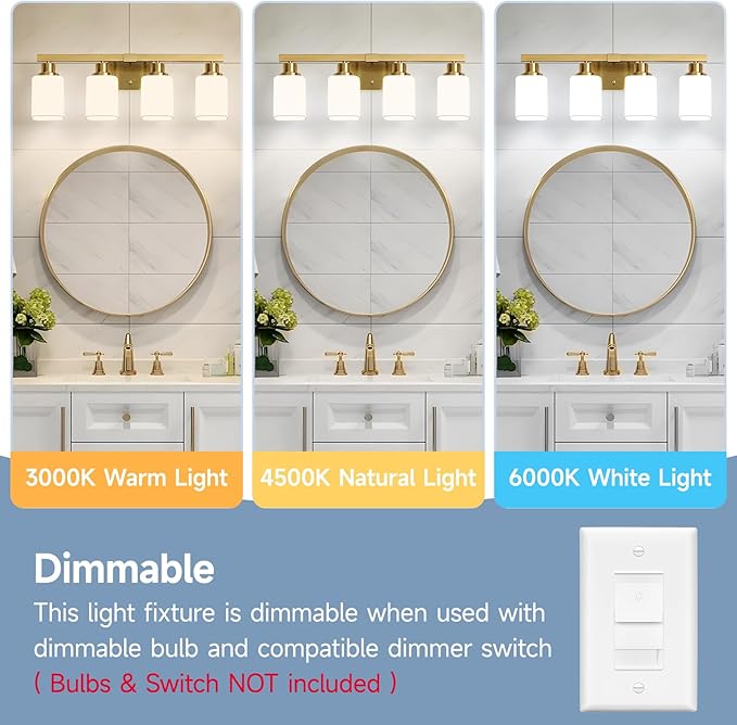 Brushed Gold Bathroom Vanity Light,4-Light Bathroom Light Fixtures with Square Frosted Glass,Gold Bathroom Wall Lamp Sconces for Mirror Bedroom,Living Room Hallway,E26