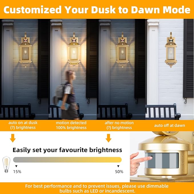 Gold Motion Sensor Outdoor Light Fixtures Dusk to Dawn, 19 Inch Enclosed Bottom Anti-Rust Aluminum Large Outside Wall Lanterns for House Brass Exterior Light Outdoor Sconces for Patio
