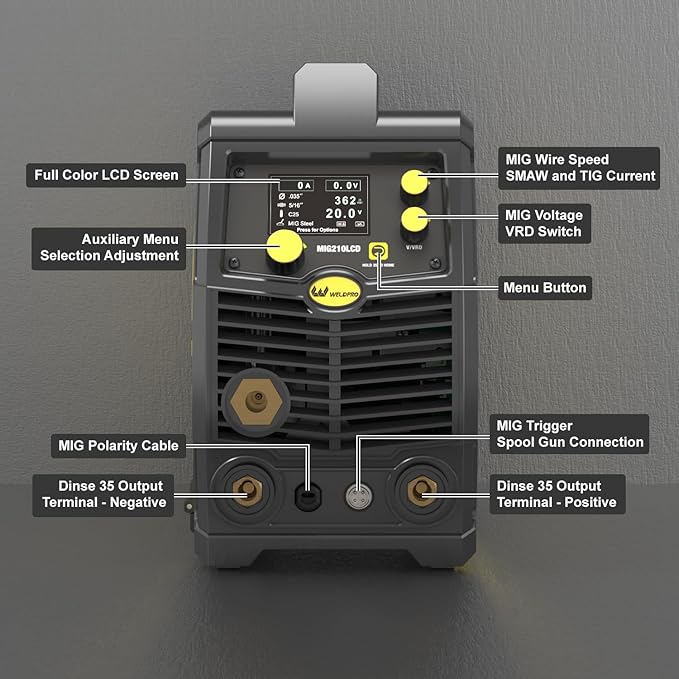 Weldpro 200 Amp MIG210LCD Dual Voltage 110V/220V 5 in 1 Multi-Process MIG/Fluxcore/Lift TIG/MMA Welder Aluminum Spool Gun Capable with Spot Timer and Auto-Set 3 Year Warranty Welding Machine