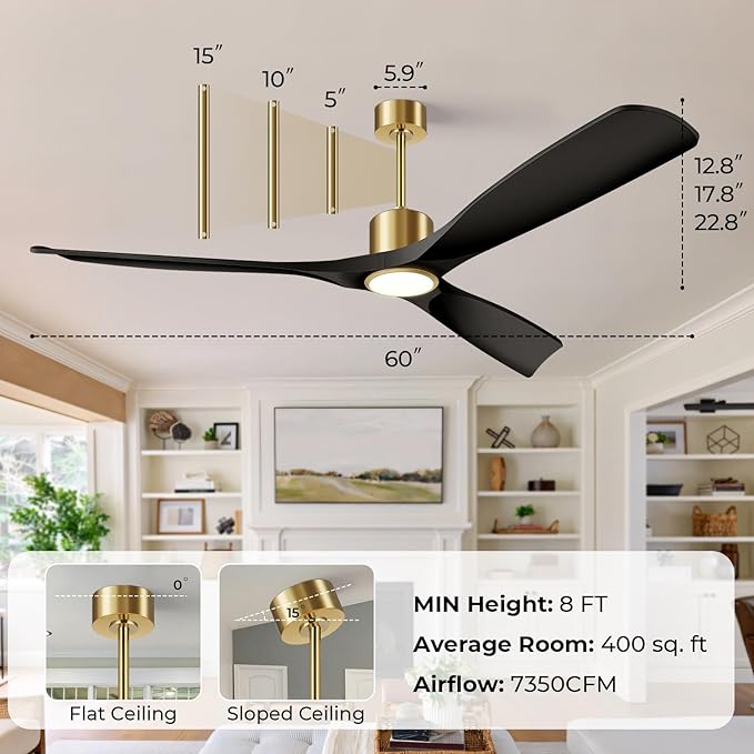 60" Smart Ceiling Fan with Lights,Outdoor Ceiling Fan Work with Alexa/Gg/App/Remote,3-Color Light Dimmable 6-Speed Quiet Reversible for Patio Porch Bedroom,Black and Gold