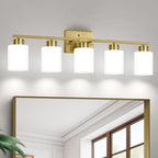 Brushed Gold Bathroom Light Fixtures, 5-Light Modern Vanity Light Over Mirror, Wall Sconces with Milky White Frosted Glass Shades, E26 Socket (Bulbs Not Included)