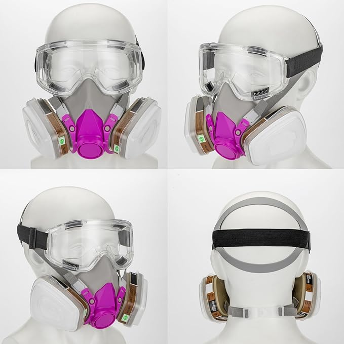RANKSING Respirator Mask with Filters and Glasses to Against Dust Gases Fumes in Painting Spraying Sanding Orange/Pink
