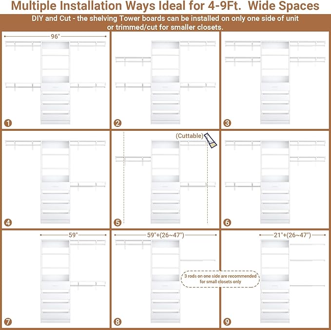 Aheaplus Closet System with Drawers Set of 2, Wood Closet Organizer System with 8 Hanging Rods & Top Shelves, Walk-in Closets Organizer Wardrobe Clothes Rack System, Cut Fits Spaces 4-9FT. Wide, White