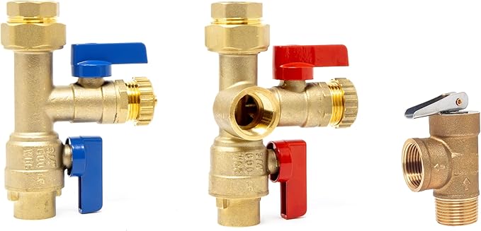 3/4 inch IPS Isolator Tankless Water Heater Service Valve Kit – 3/4'' FNPT X FNPT Thread Brass Isolation Set with Pressure Relief Valve | Pipe Fittings, Supplies & Spare Parts