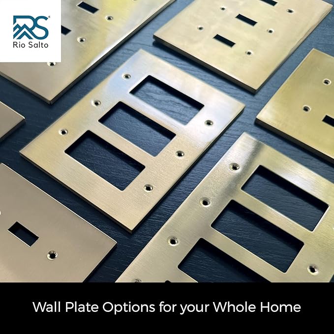 Rio Salto Modern Edge Metal BrassGold Wall Outlet Cover or Light Switch Cover Rocker Decora Switch Covers Decorator Plug Wall Plate Electric Outlet Covers Receptacle - Midsize 1 Gang 5-Pack