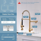 GIMILI Gold Kitchen Faucet with LED Single Handle Kitchen Sink Faucet with Pull Down Sprayer Commercial Double-Headed Stainless Steel Kitchen Faucets Sink with Deck Plate