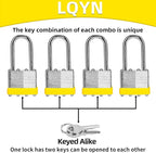 Padlocks with Same Key, LQYN 100 Pcs Laminated Keyed Padlock (1-9/16", 40mm), Keyed Alike Locks, Long Shackle, for Storage Locker, Hasp Latch, Toolbox, Sheds