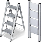 Taranta 4 Step Ladder,Aluminum Lightweight Folding 4 Step Stool with Anti-Slip Wide Pedal,330lbs Capacity Step Ladder for Household,Kitchen,Office - Silver