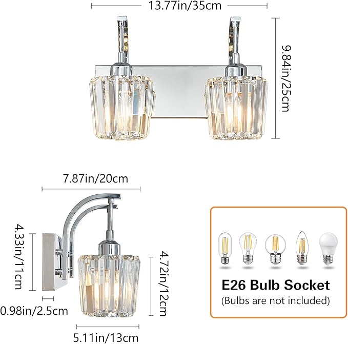 Modern Bathroom Vanity Light, 2-Light Chrome Wall Sconce with Crystal Accents, Over Mirror Bathroom Lighting Fixture, 13.77" Long Dimmable Vanity Lamp for Makeup, Easy Installation