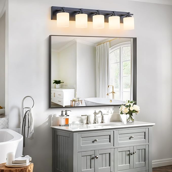 5 Light Modern Bathroom Light Fixtures Over Mirror, Black Vanity Lights for Bathroom Wall Sconces with Milky White Glass Shades, E26 Socket (Bulbs Not Included)