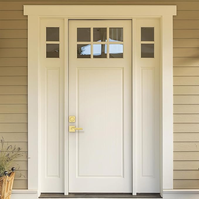 Amerdeco Front Door Lock Set with Double Cylinder Deadbolt, Exterior Entry Door Lever, Heavy Duty Entry Door Locksets for Left or Right Hand Exterior Door（Brushed Gold 2 Pack）