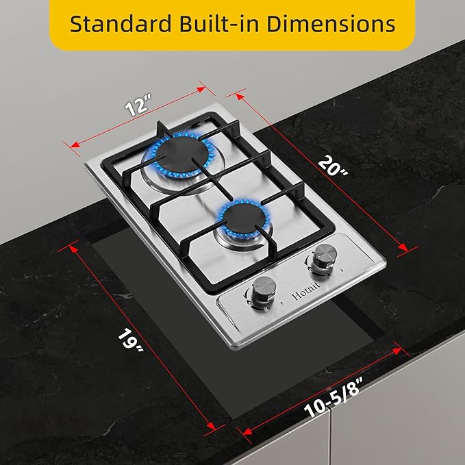 Hothit 2 Burner Propane Gas Cooktop, 12" Inch LPG/NG Dual Fuel Built-in Gas Stove Top, Stainless Steel Electronic Ignition Gas Hob for Apartment, Outdoor, RVs(L12"×W20")…