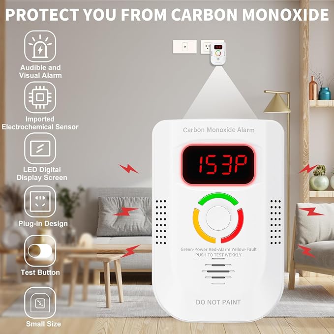 3 Pack Carbon Monoxide Detector, Plug-in Wall Carbon Monoxide Alarm, Portable Carbon Monoxide Detector with Digital Display LED, CO Alarm Monitor with Audible and Visual Alarm Test Mute Button