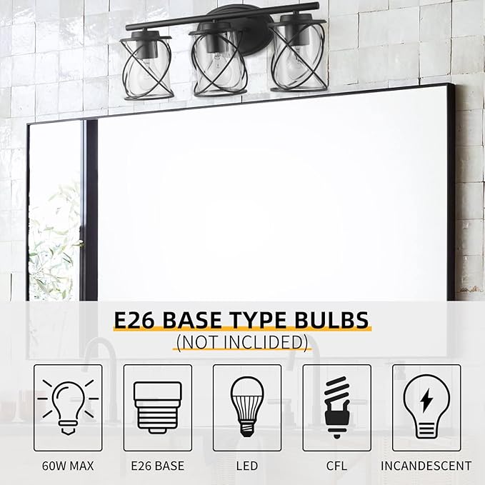 mavcadonf 3-Lights Bathroom Vanity Lights, Bathroom Light Fixtures Over Mirror, Matte Black Vanity Light, Farmhouse Wall Lights with Clear Glass Shade, Bathroom Wall Lamp for Mirror Kitchen Bedroom