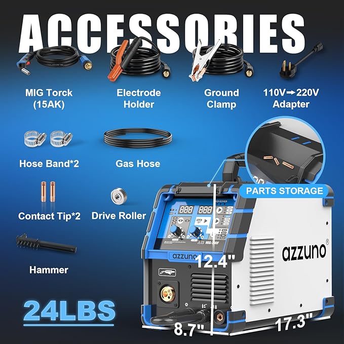 AZZUNO 200A MIG Welder,110V/220V Dual Voltage multiprocess welder,Gas Gasless MIG Welding Machine,4 in 1 Flux MIG/Solid Wire/Lift TIG/Stick ARC Welder (Grey)