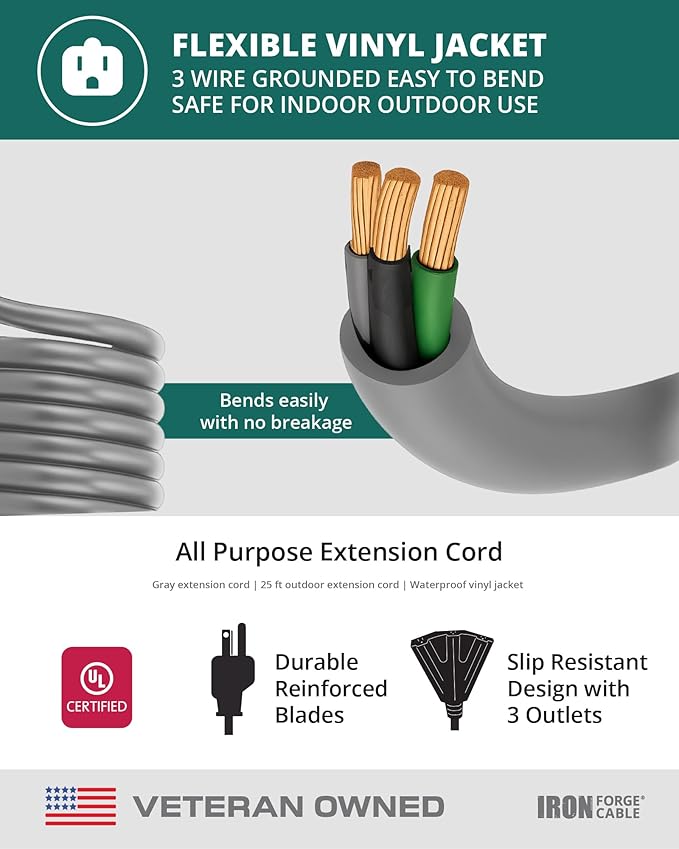Iron Forge Cable 25 ft Gray Outdoor Extension Cord with Multiple Outlets, 16/3 SJTW 25 Foot Grey Outdoor & Indoor Extension Cord with 3 Outlets, 3 Prong, Weatherproof 13 Amp Heavy Duty Power Cable