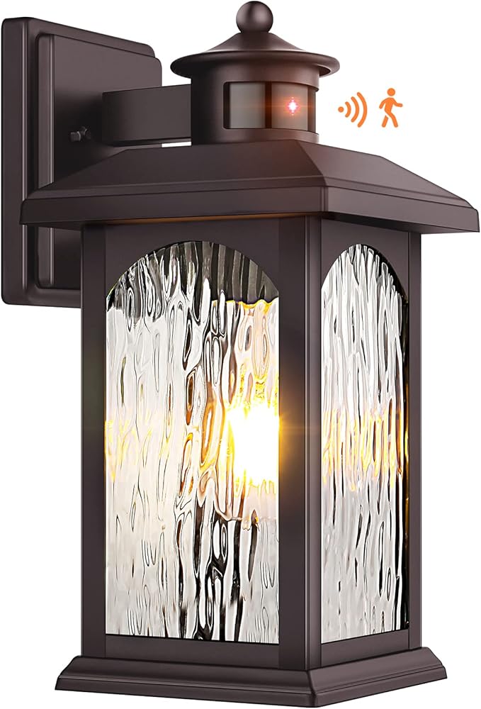 Brown Motion Sensor Outdoor Wall Sconce - Smart Dusk to Dawn Outdoor Lighting, Oil Rubbed Bronze Outdoor Wall Lights & Exterior Light Fixtures, Porch Lights with Water Rippled Glass for Garage House