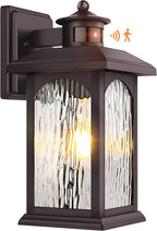 Brown Motion Sensor Outdoor Wall Sconce - Smart Dusk to Dawn Outdoor Lighting, Oil Rubbed Bronze Outdoor Wall Lights & Exterior Light Fixtures, Porch Lights with Water Rippled Glass for Garage House