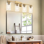 4 Light Bathroom Vanity Light Fixtures, Brushed Brass Modern Wall Lights with Clear Glass Shade, Vintage Wall Sconce Lighting for Living Room, Mirror, Bedroom, Hallway (Gold, 4-Lights)