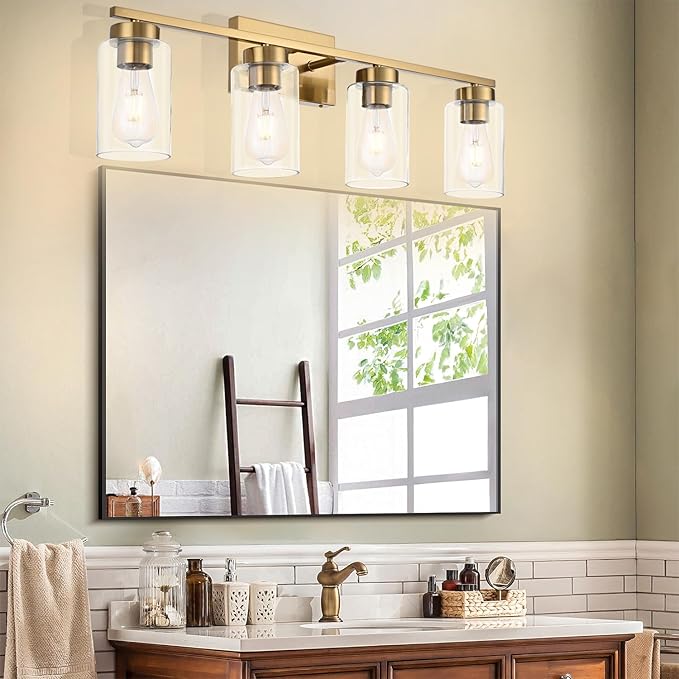 4 Light Bathroom Vanity Light Fixtures, Brushed Brass Modern Wall Lights with Clear Glass Shade, Vintage Wall Sconce Lighting for Living Room, Mirror, Bedroom, Hallway (Gold, 4-Lights)