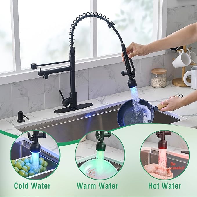 Fapully Commercial Kitchen Faucets with Pull Down Sprayer Matte Black LED Single Handle Faucet for Kitchen Sink, Kitchen Faucet with Soap Dispenser and Deck Plack for 4 Hole