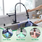 Fapully Commercial Kitchen Faucets with Pull Down Sprayer Matte Black LED Single Handle Faucet for Kitchen Sink, Kitchen Faucet with Soap Dispenser and Deck Plack for 4 Hole