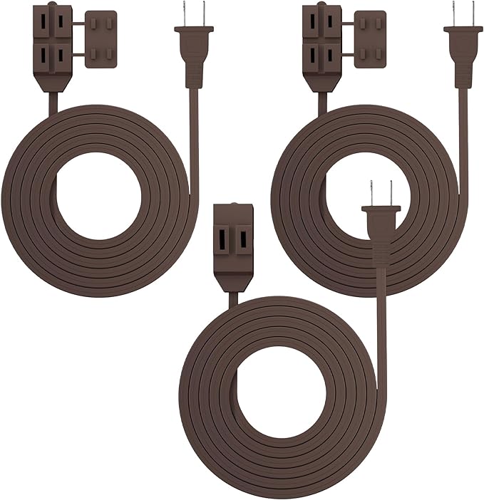 HBN Indoor Extension Cord 6ft 3 Pack Brown, 3 Outlets with Safety Cap Included, 2 Prong Polarized Plug, Perfect for Homes, Offices, and Kitchens