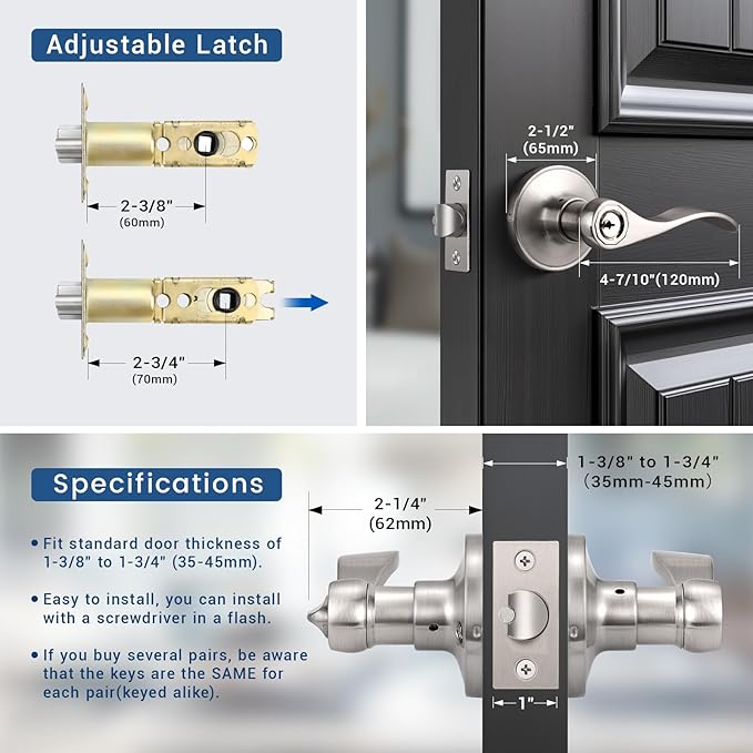 Knobonly 6 Pack Keyed Alike Bathroom/Bedroom Door Lock, Satin Nickel Front Door Handle, Exterior Door Handle, Same Key for Each Pack, Zinc Alloy
