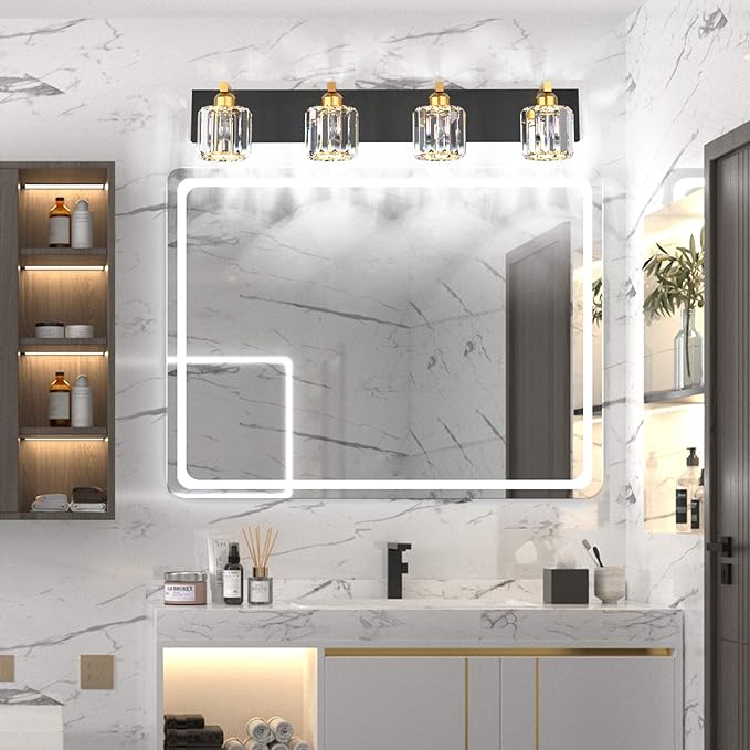 Aipsun Crystal Bathroom Vanity Lighting Black Vanity Light Fixtures Modern Vanity Light for Bathroom 4 Lights(Exclude Bulb)