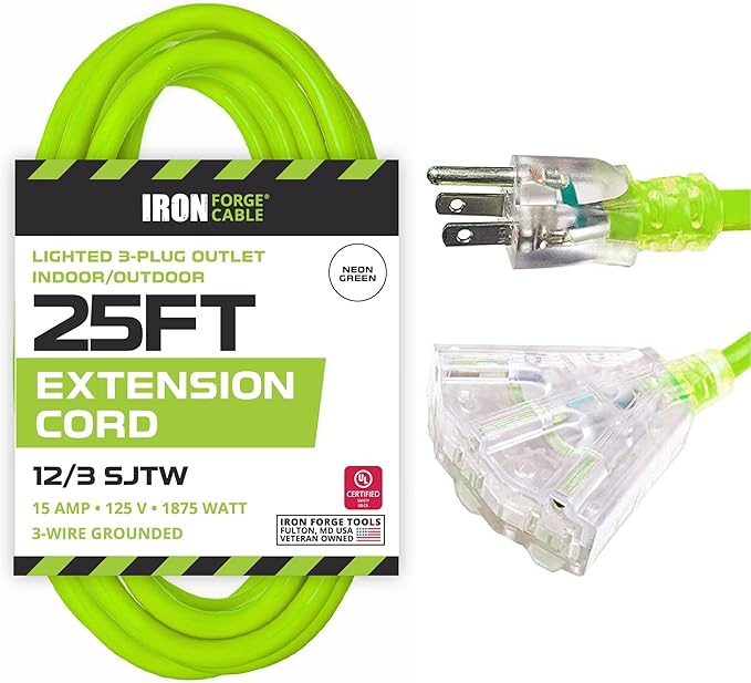 Iron Forge Cable 25 Foot Lighted Outdoor Extension Cord with 3 Outlets - 12/3 SJTW Heavy Duty Light Green Extension Cable 3 Prong - Multiple Outlets