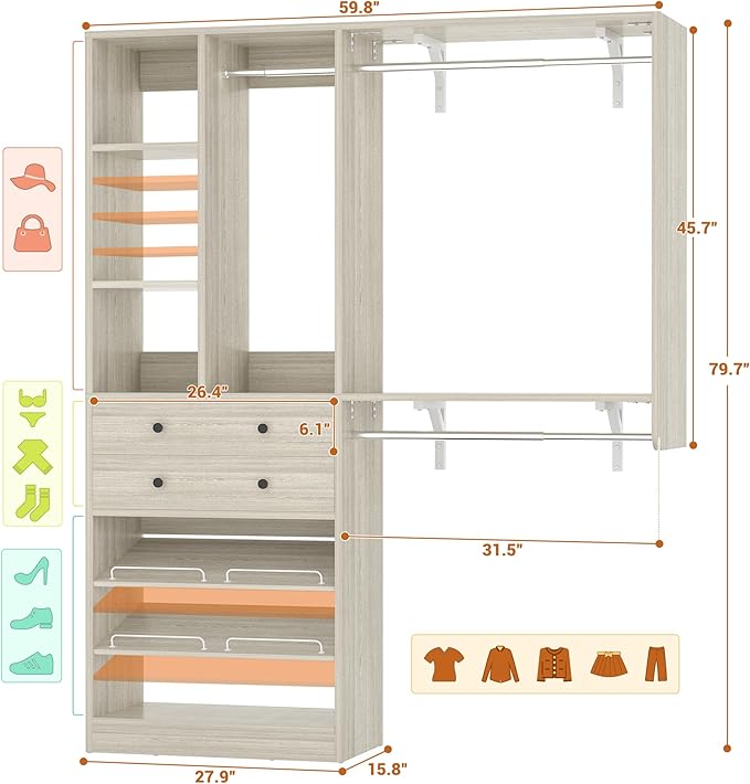 Closet System - 5FT Small Closet System with Drawers, 60" Closet Organizer System with Reversible Hanging Shelving, Closet Systems for Small/Walk-in Closets, Greige Oak