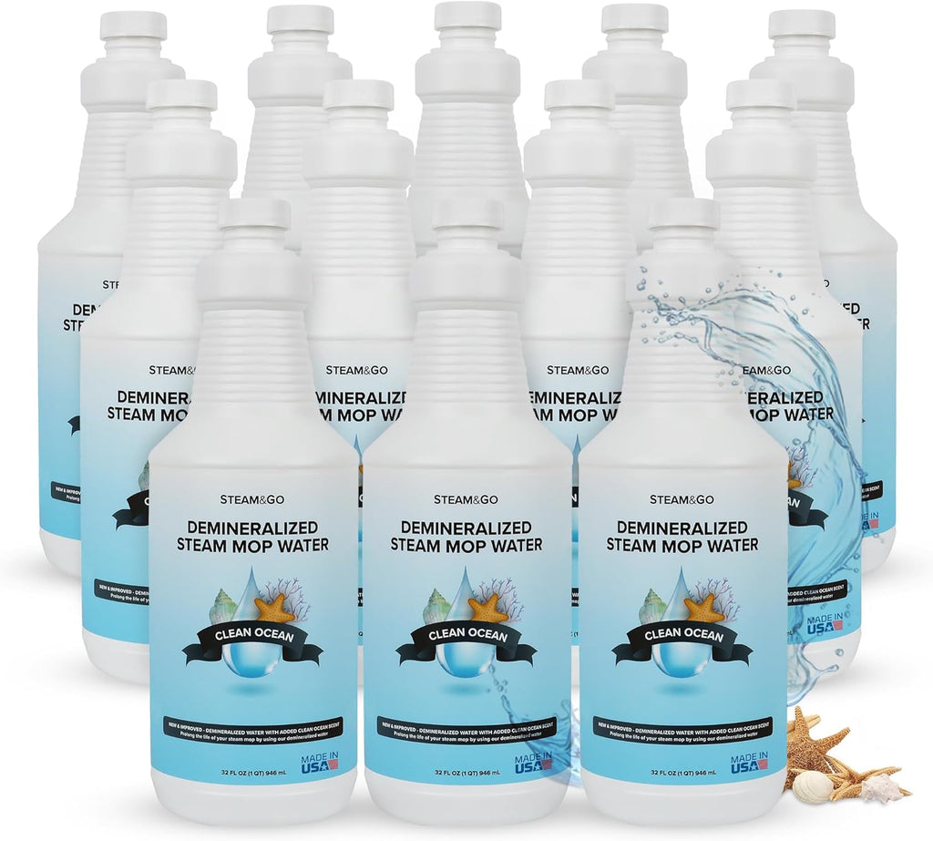 Steam & Go Demineralized Water - Multi-Surface Cleaner, PVC-Free Ready-to-Use for Mops & Floor Steamers - Ideal for Kitchen, Bathroom, & Home Surfaces - Clean Ocean Scent - 32oz (Pack of 12)