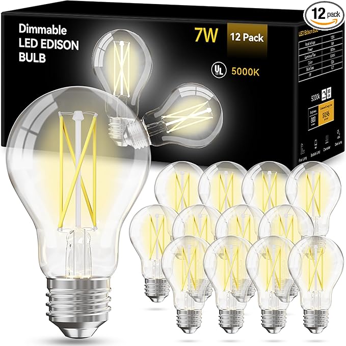 VOLIVO 12 Pack A19 Vintage LED Edison Bulbs, Dimmable, 60W Equivalent, High Brightness 5000K Daylight, Ultra-Bright, 7W E26 Standard Base, CRI80+, 800Lumens, Clear Glass Filament Bulb for Home