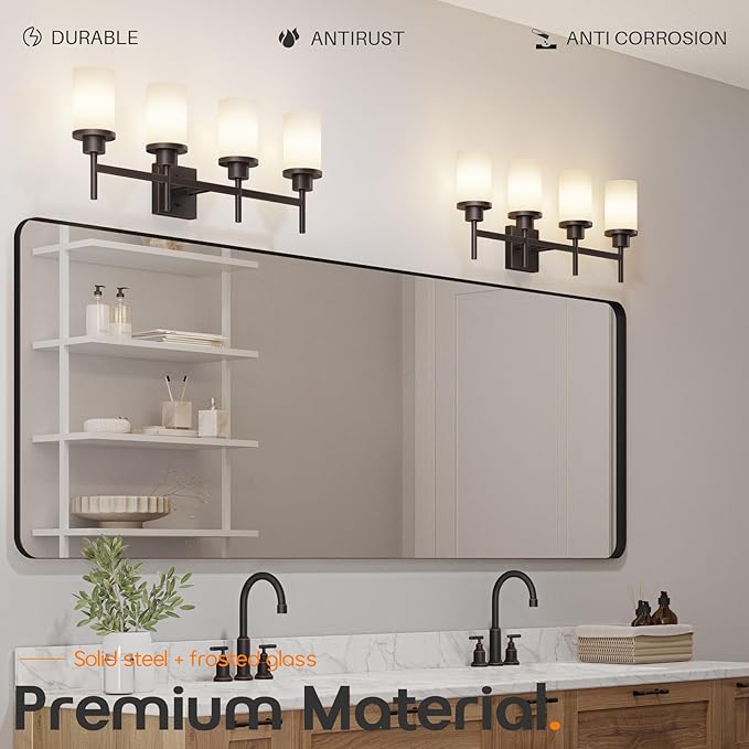 Bathroom Light Fixtures 4-Light Bathrom Vanity Lightings with White Frosted Glass Shade, Oil Rubbed Bronze Wall Lamps Over Mirror T001ORB-L4