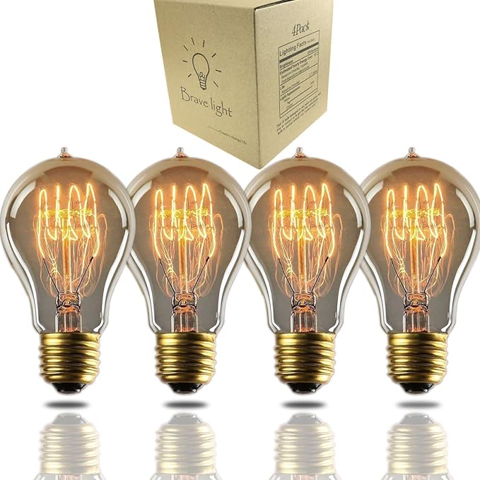 GOENDR Edison Bulb A19, Vintage Incandescent Light Bulbs - 60 Watt, Dimmable 2700K Warm Amber, E26/E27 Base, Squirrel Cage Filament - Antique Decor for Home, Table Lamp, Restaurant, 4Pack