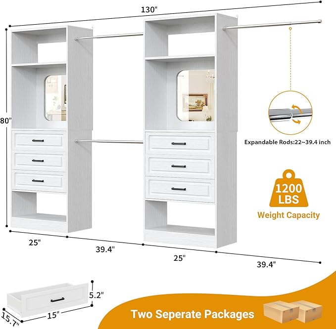 Unikito Closet System with 6 Drawers, 6-14Ft Closet Organizer with Mirror, Walk-in Closet Organizer Wardrobe Clothes Rack with 3 Hanging Rods, Sturdy Wood Clothing Garment Rack with Tower, White