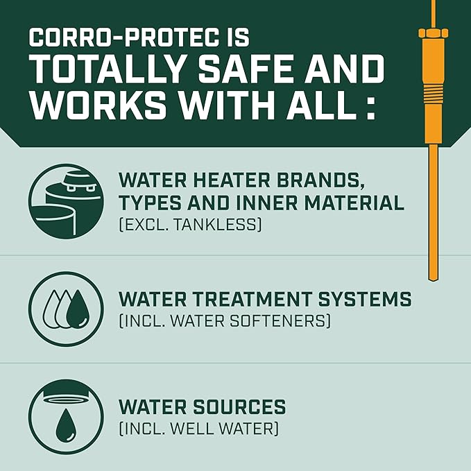 Corro-Protec Powered Anode Rod for Water Heater, 20-Year Warranty, Eliminates Rotten Egg/Sulfur Smell within 24 hours, Stops Corrosion and Reduces Limescale, Electrical Anode Rod Made of Titanium