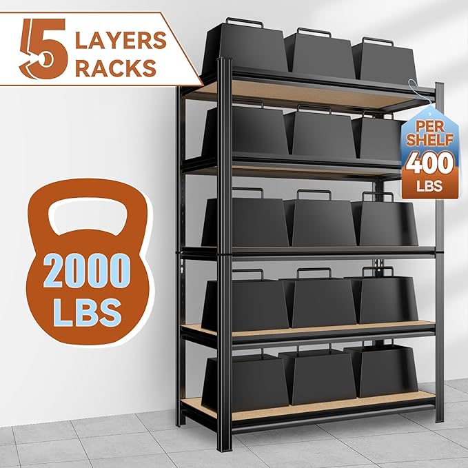 Garage Shelving, 2000LBS Garage Shelving Heavy Duty, Adjustable and Detachable Metal Storage Shelves with Fences, Easy Assembly, Shelves for Warehouse,Basement (35.4" W*15.7" D*72" H)