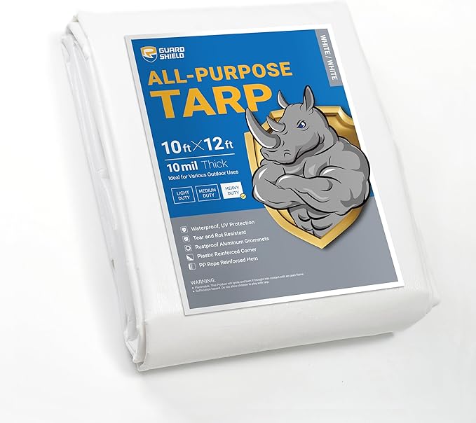 GUARD SHIELD Heavy Duty Tarp 10x12 Feet White Multi Purpose Thick Waterproof Poly Tarp Cover 10mil