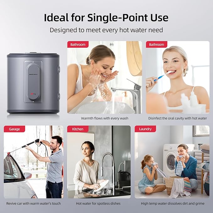 Electric Mini Tank Water Heater, MIZUDO 6 Gallon Point of Use Hot Water heater 1500W, Compact Residential 120V with T&P Valve, Adjustable Thermostat, UL Listed