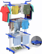 Bigzzia Clothes Drying Rack, 67.7 Inch Laundry Drying Rack with Foldable Base, 4 Tier Stainless Steel Drying Rack Clothing, Movable Laundry Rack for Indoor Outdoor-Blue