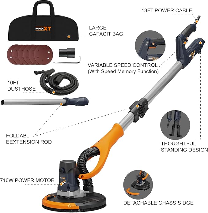 MAXXT Drywall Sander, Lightweight Popcorn Ceiling Removal Tool, 5 Variable Speed Foldable Telescopic Electric Drywall Sander, 800-1700RPM Vertical Power Ceiling Sander With 6pcs SandPapers, Bag