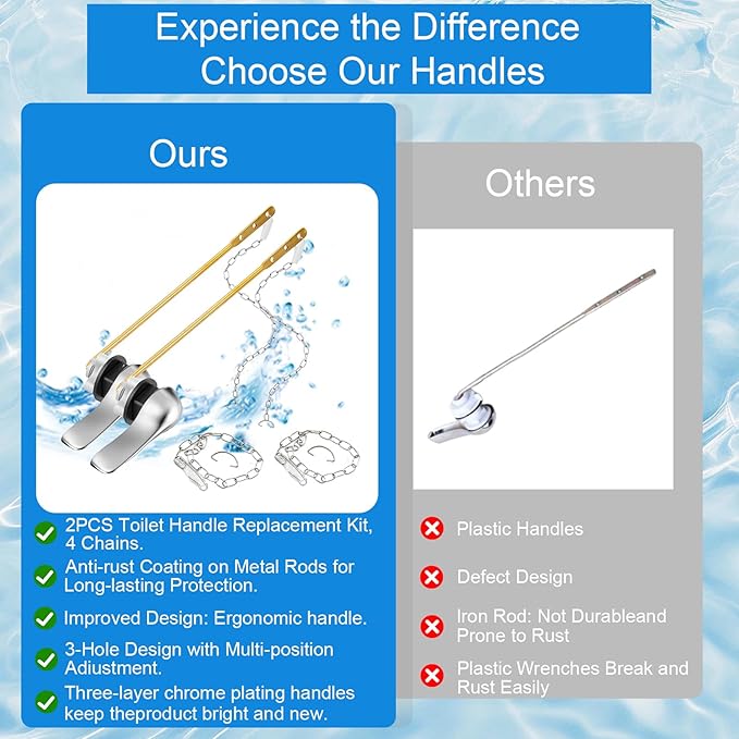 2PCS Toilet Handle Replacement Kit, Front Universal Toilet Bowl Replacement Kit, Chrome Toilet Tank Trip Lever with Stainless Steel Rod