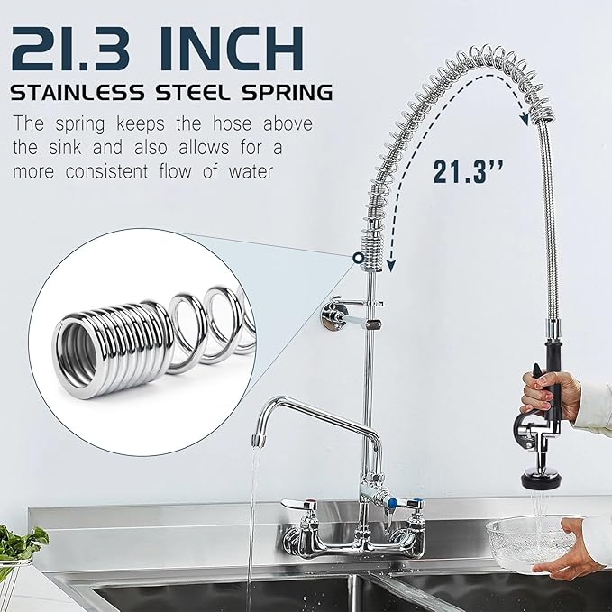 Spray Valve with 45” Commercial Sink Sprayer Hose and Pre Rinse Spring, Pre Rinse Sprayer with Flexible Stainless Steel Hose & Spring Assembly for Commercial Kitchen Faucets (Black)